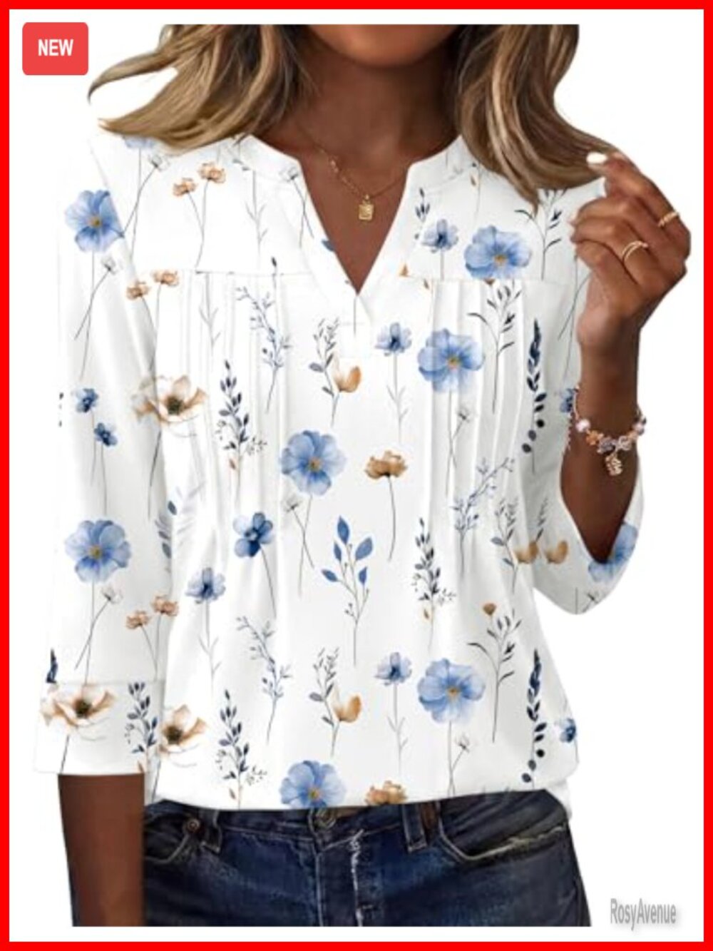 3/4 Sleeve V-Neck Blouse Pleated Tunic Floral Top Women Casual Dressy Tee